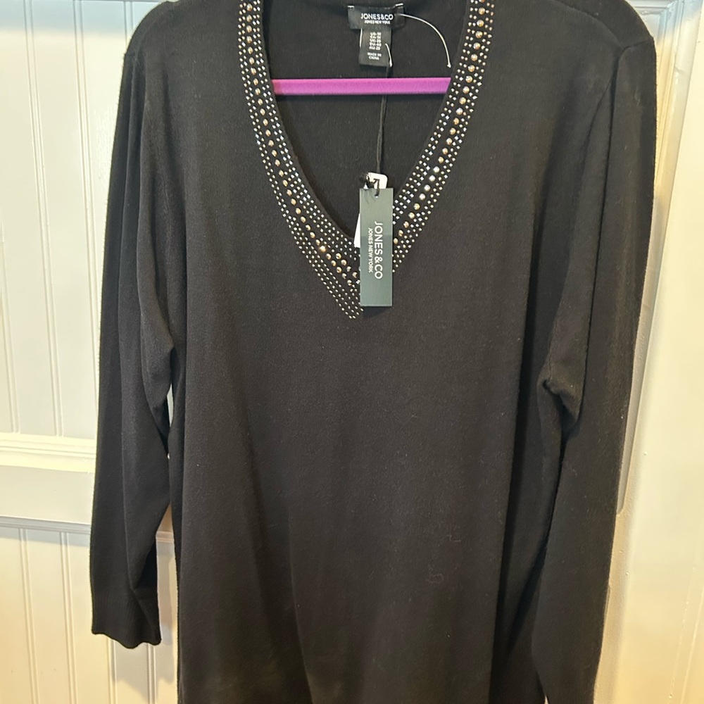 Jones New York Black V-Neck Blouse with Studded Detail